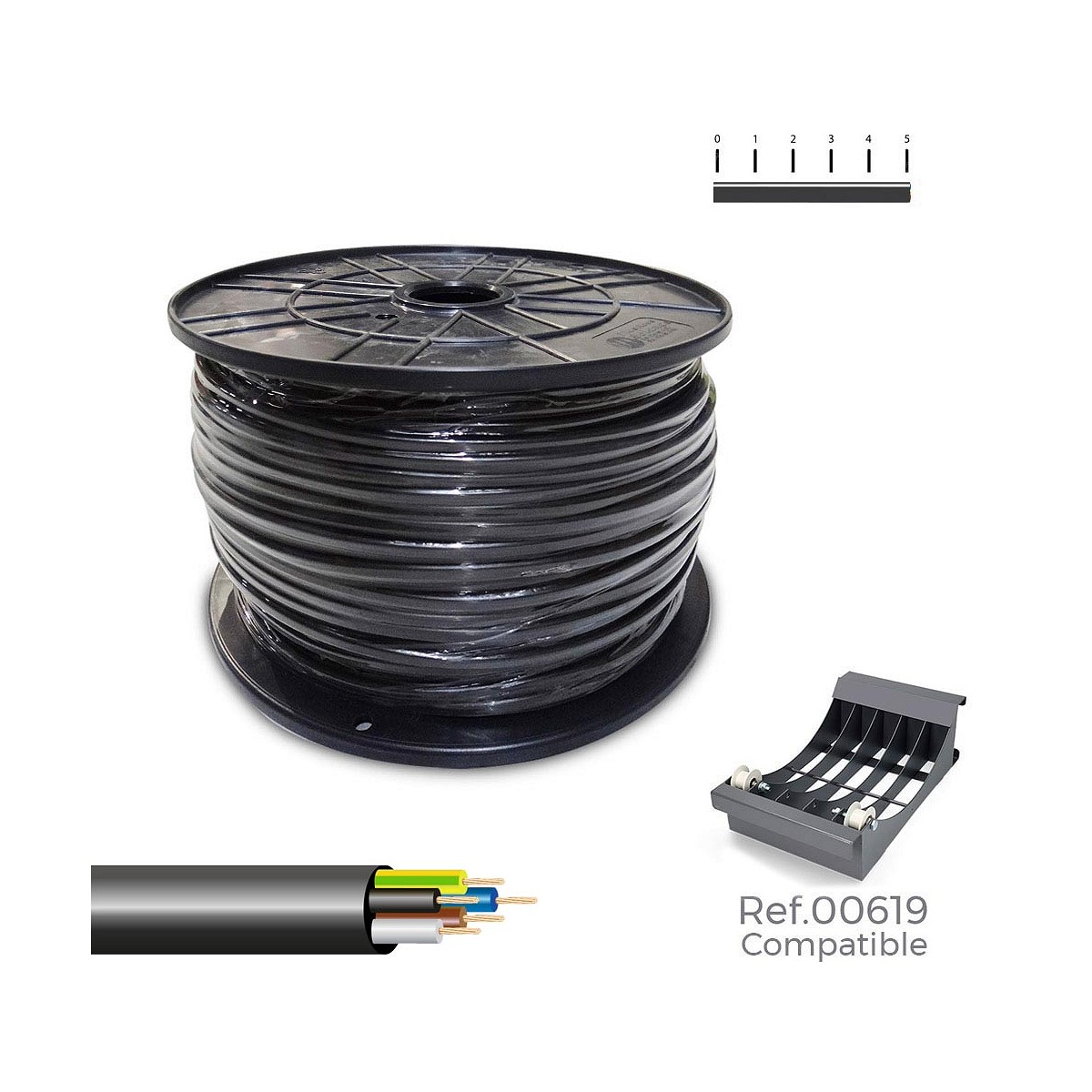 Carrete cable manguera acrilica 1kv negra 5x1,5mm 100m (bobina grande ø400x200mm)