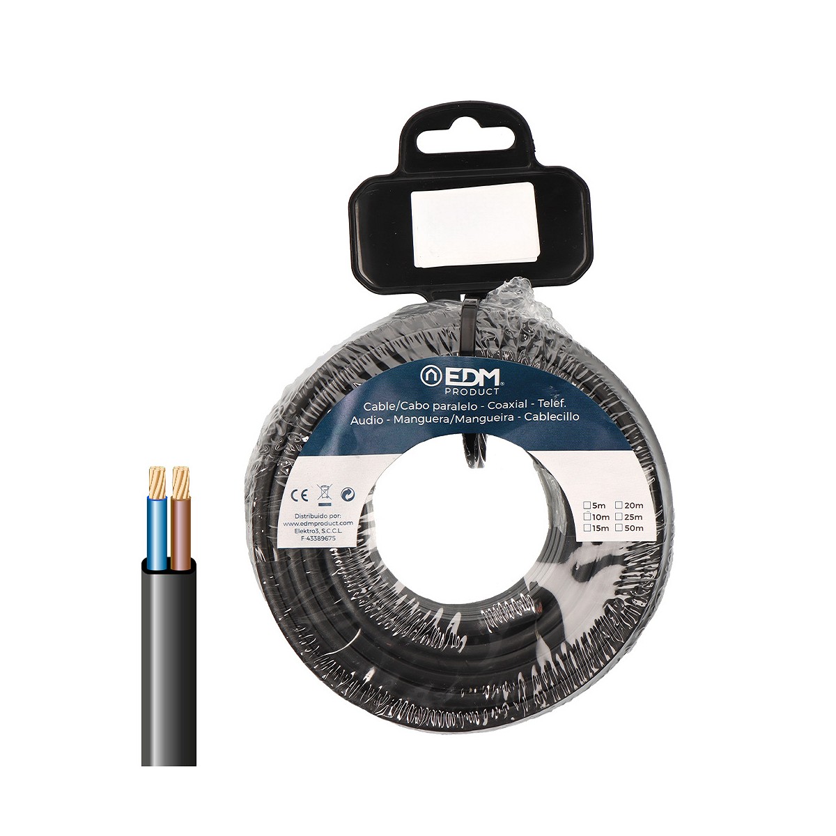 Carrete 5m cable paralelo plano negro 2x2,5mm, edm