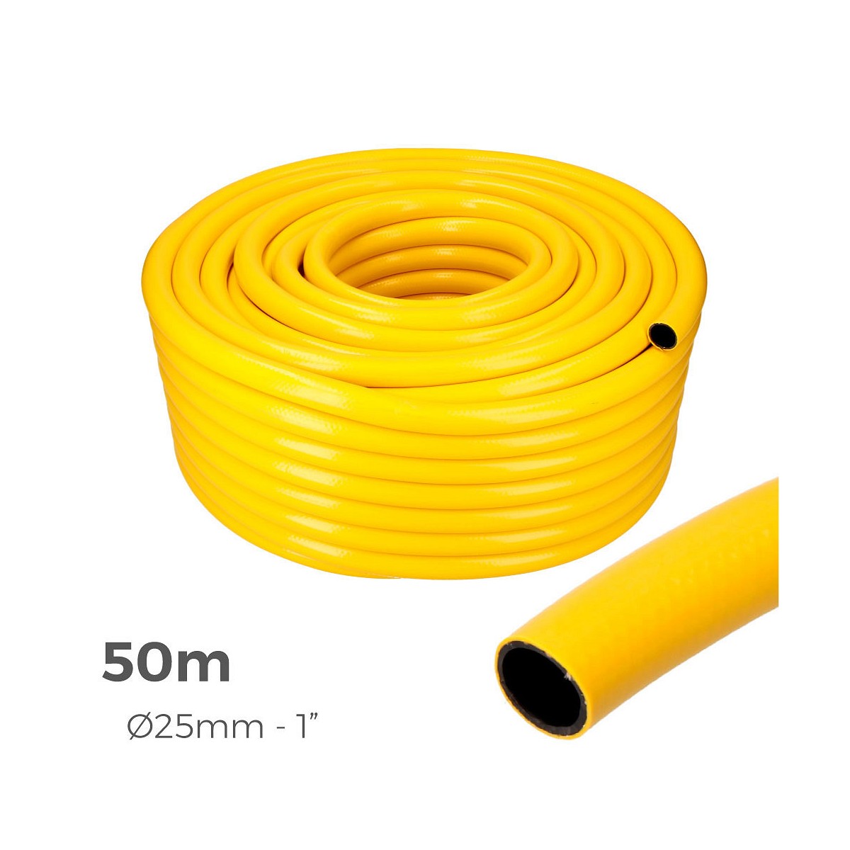 Manguera agricola color amarillo ø interior 25mm ø exterior 31mm (1") rollo 50m edm