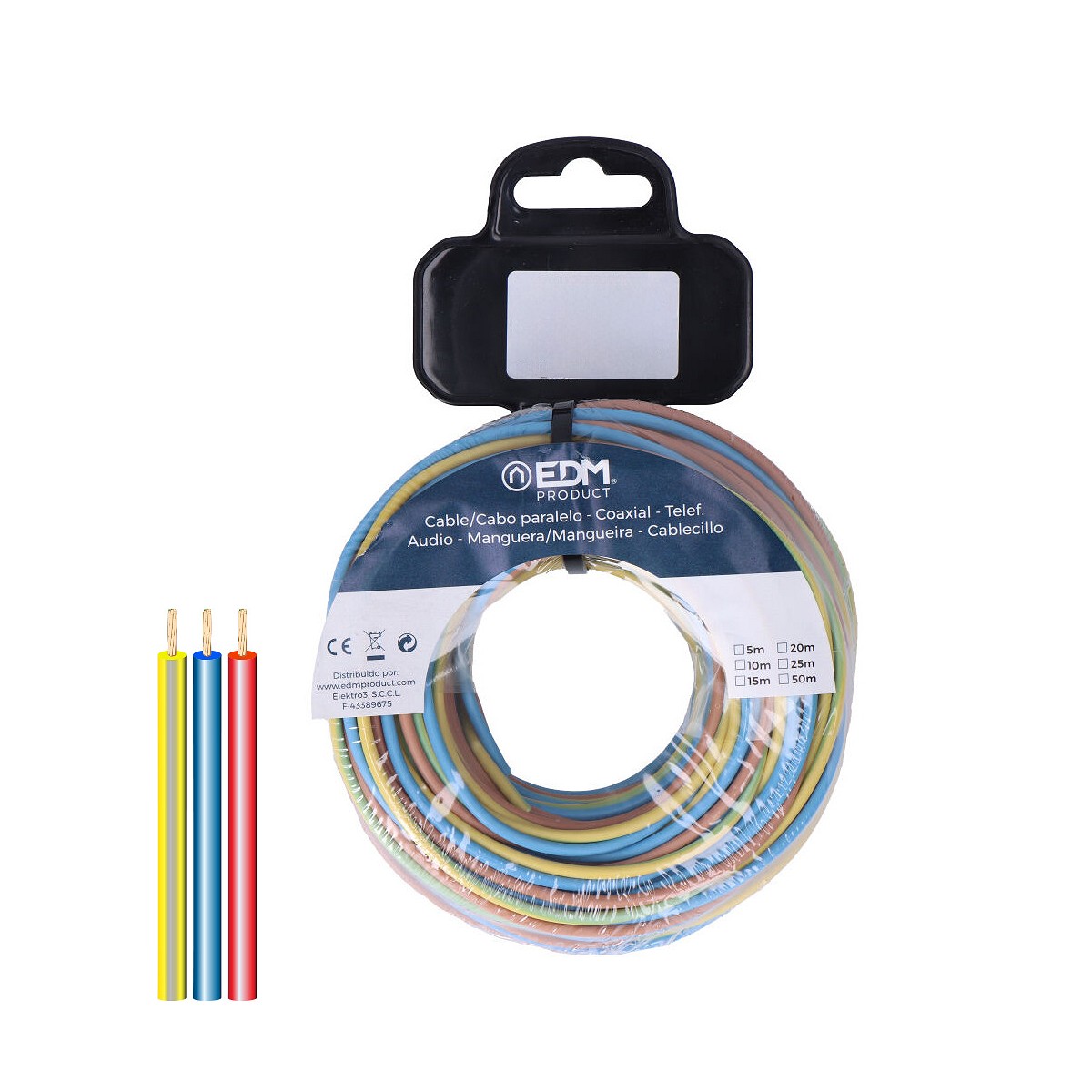 Carrete cablecillo 3 cables 1,5mm 400m de cada cable, total 1200m (azul, marron y bicolor) (bobina grande ø400x200mm)