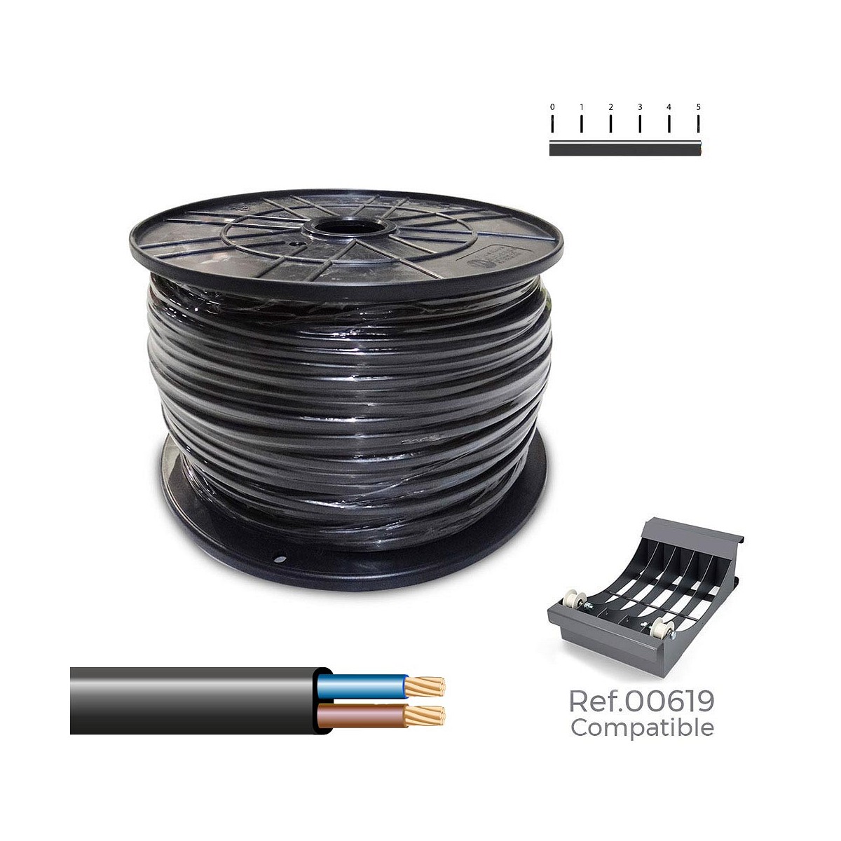 Carrete cable manguera plana negra 2x1mm 500m (audio) (bobina grande ø400x200mm)