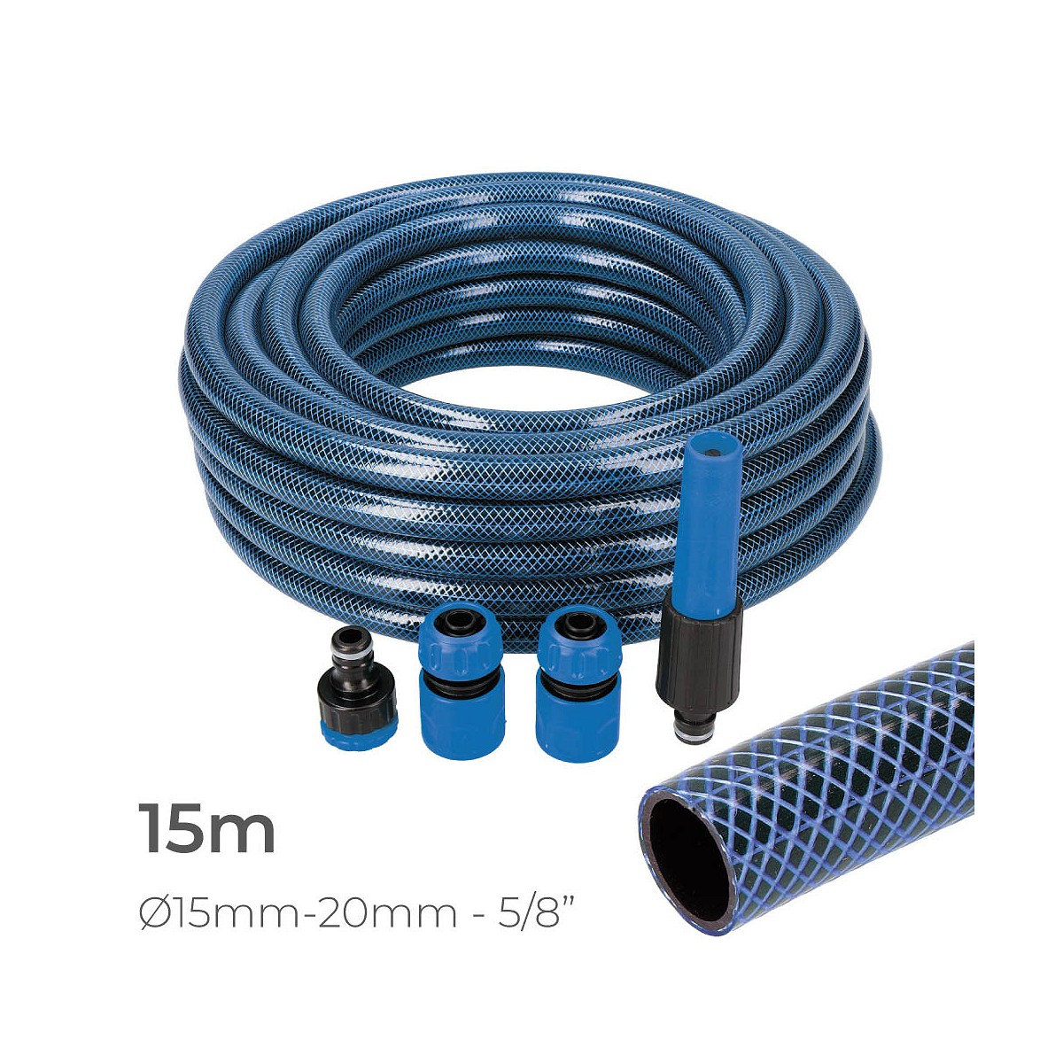 Kit de manguera de jardin blue interior ø15mm. exterior ø20mm (5/8") rollo 15m con accesorios edm