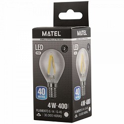 Compra BOMBILLA LED FILAMENTO ESFÉRICA MATEL G45 E14 4W FRÍA CLARA al mejor precio