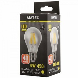 Compra BOMBILLA LED FILAMENTO ESTÁNDAR MATEL E27 A60 4W CÁLIDA CLARA al mejor precio