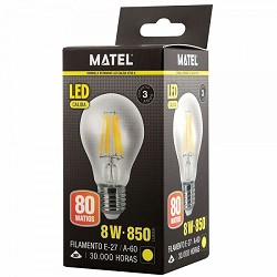 Compra BOMBILLA LED FILAMENTO ESTÁNDAR MATEL E27 A60 8W CÁLIDA CLARA al mejor precio