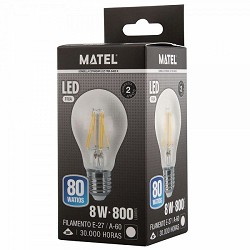 Compra BOMBILLA LED FILAMENTO ESTÁNDAR MATEL E27 A60 8W FRÍA CLARA al mejor precio