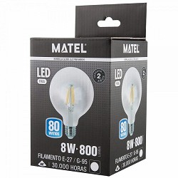 Compra BOMBILLA LED GLOBO FILAMENTO MATEL E27 G95 8W FRÍA CLARA al mejor precio