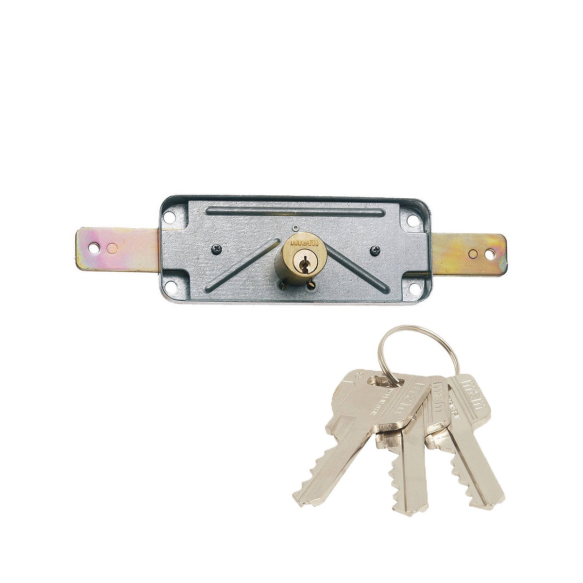 Cerradura de sobreponer para puertas metálicas de persiana o basculantes con cilindro de serreta de tres llaves. 1511v mcm