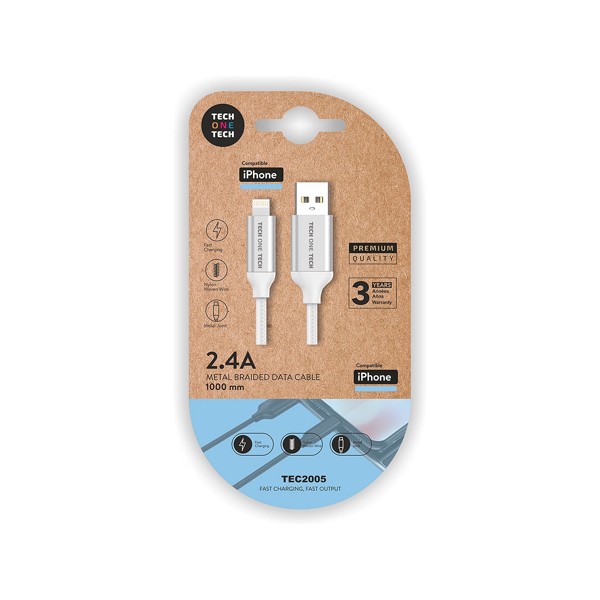 Cable blanco nylon (usb-a a lightning/apple) 1m 2a tech one tech