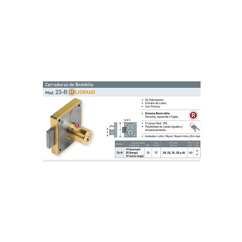 Compra Cerradura sobreponer mueble bombillo 19 mm 23r/30 mm latonada URKO 7103030 al mejor precio